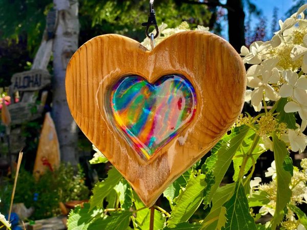 Rainbow Resin Suncatcher made from wood and flled with rainbow coloured resin