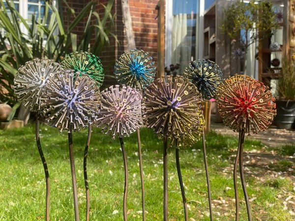 10 of our colourful Metal Allium Sculptures made from screws to re create a allium