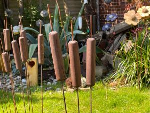 our Bulrush Sculptures made from wood and metal wire, made to mimic real Bulrushes