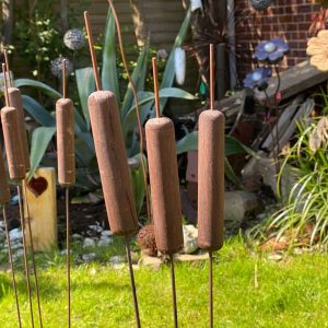 our Bulrush Sculptures made from wood and metal wire, made to mimic real Bulrushes