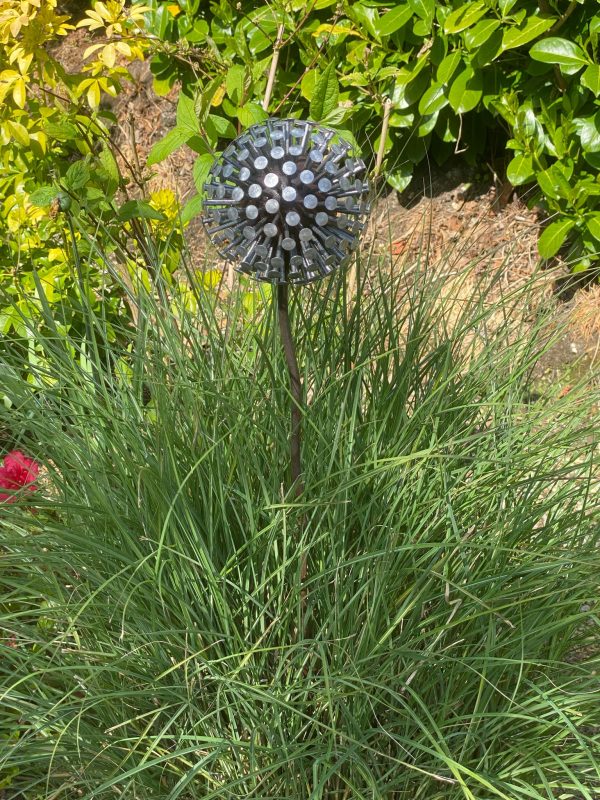 Iroko Wood and Aluminium Nail Dandelion Sculpture