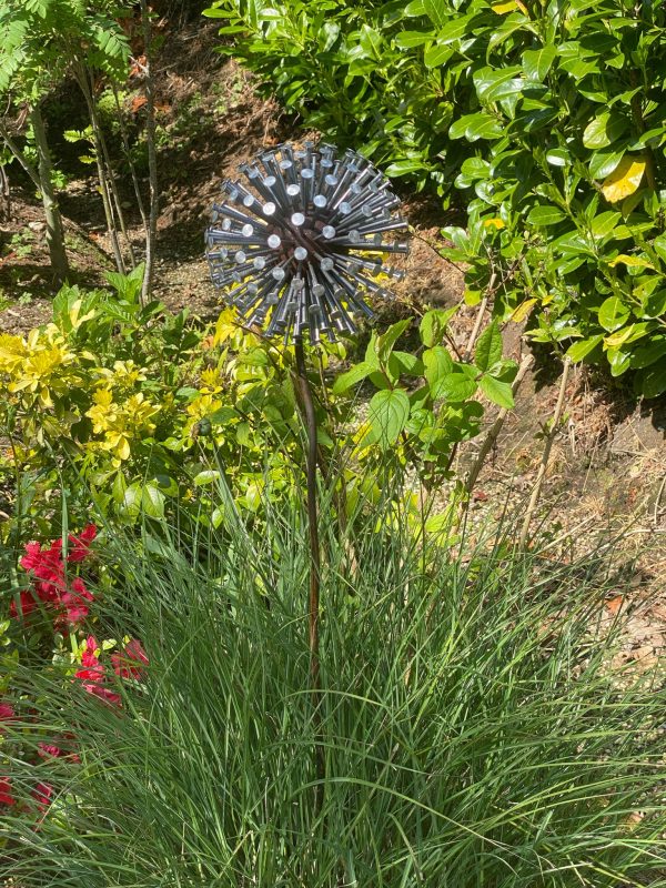 Iroko Wood and Aluminium Nail Dandelion Sculpture