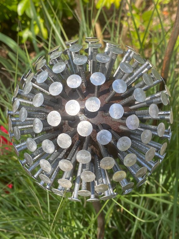 Iroko Wood and Aluminium Nail Dandelion Sculpture