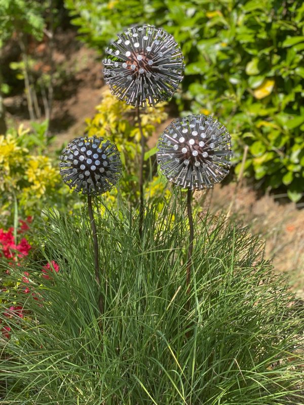 Iroko Wood and Aluminium Nail Dandelion Sculpture