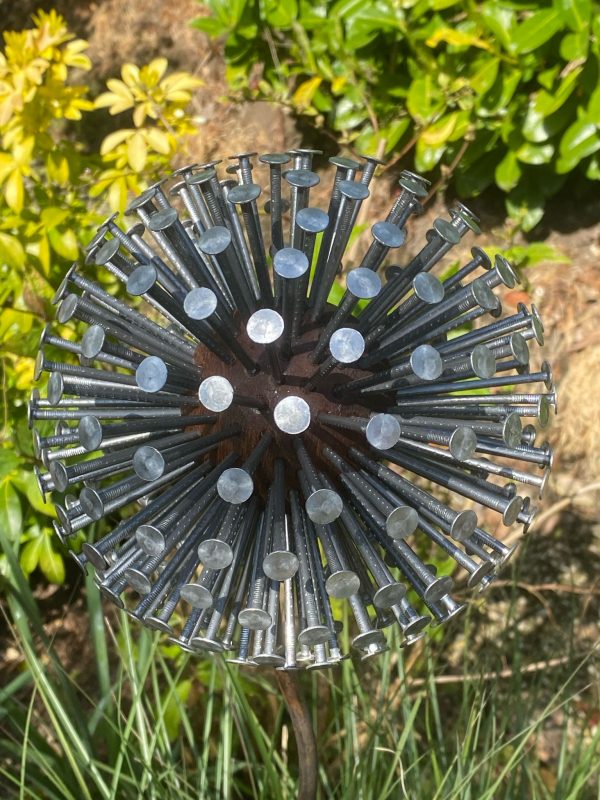 Iroko Wood and Aluminium Nail Dandelion Sculpture