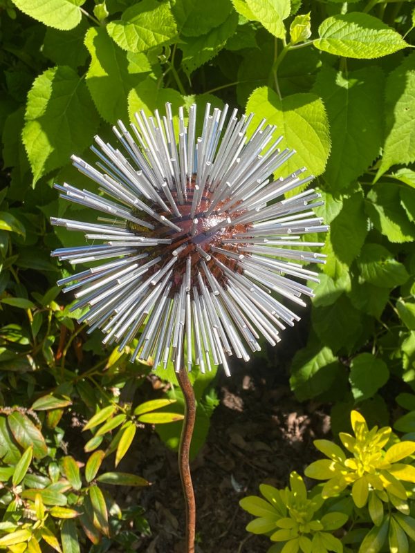 Iroko Wood and Aluminium Spike Dandelion Sculpture