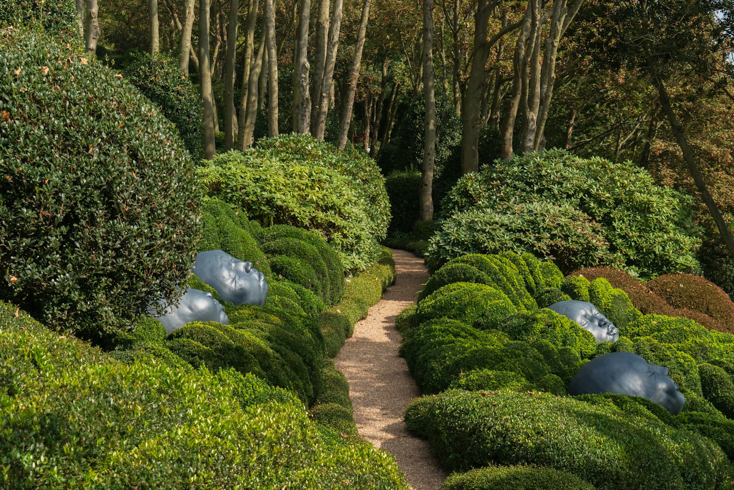 Grey human face sculptures peek from manicured hedges along a garden path.